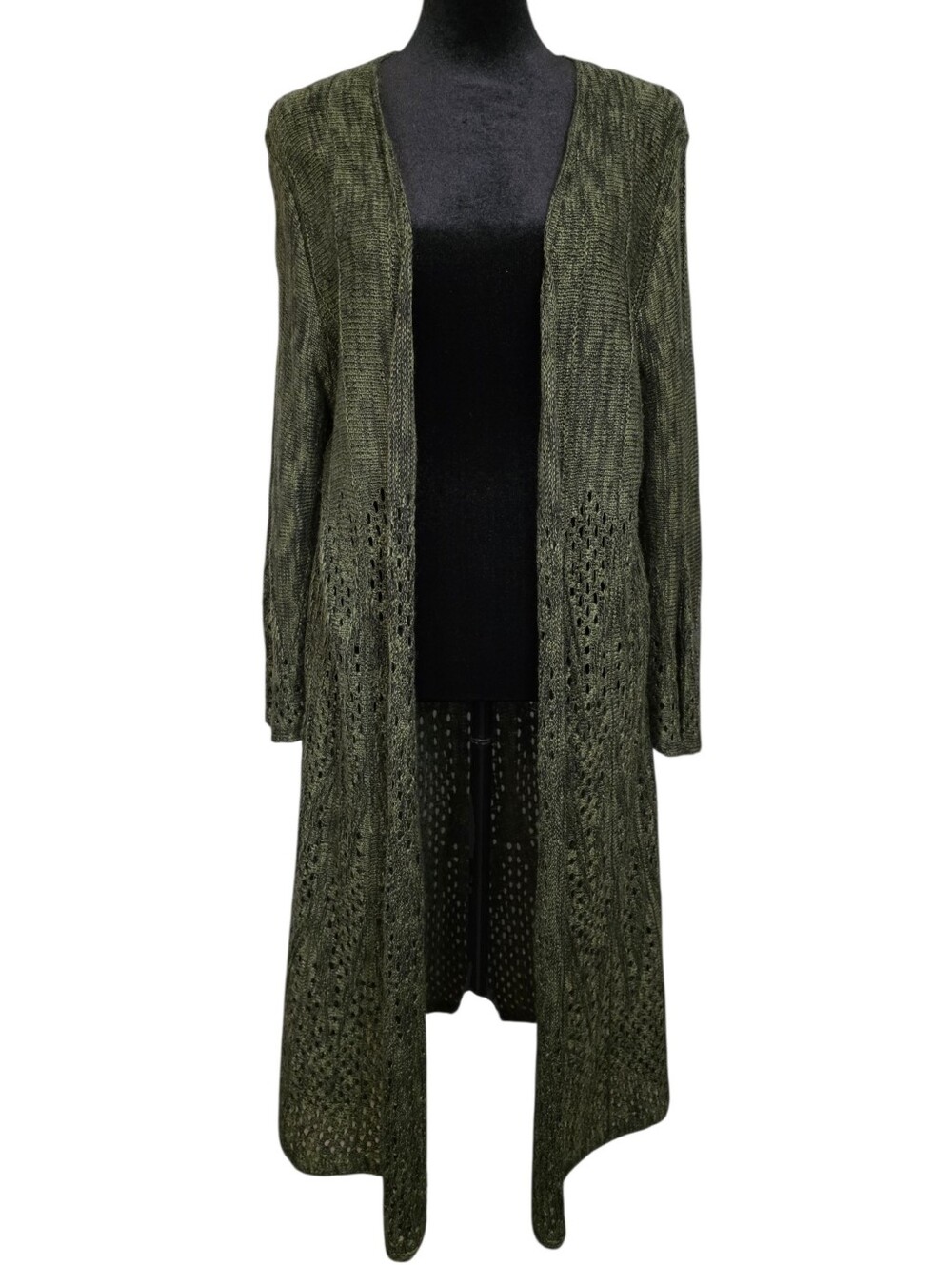Forest Dark Green Open Knit Duster Cardigan Bell Sleeve XL Fairy Boho  Earthy - Picture 2 of 12